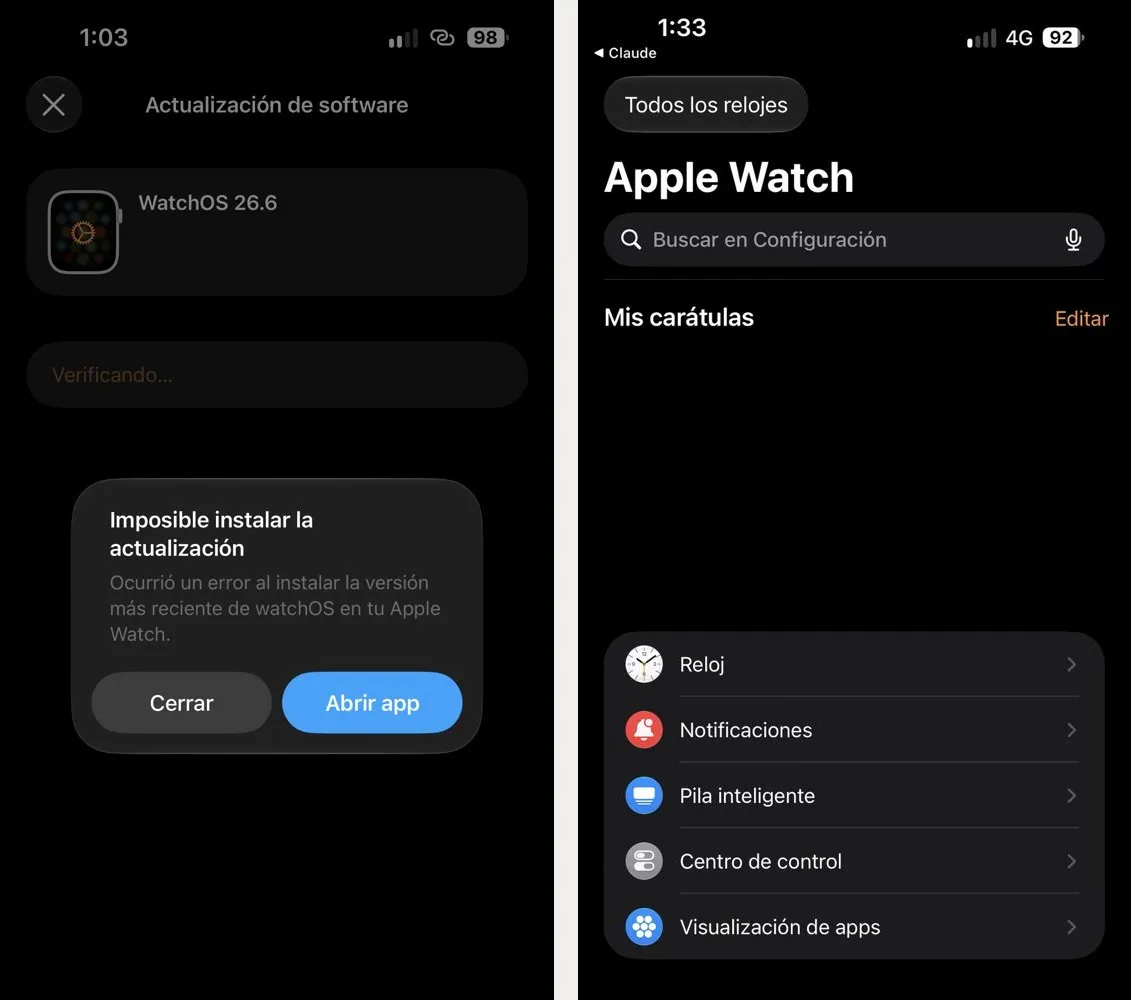 A la izquierda, el error "Imposible instalar la actualización" de watchOS 26.6; a la derecha, el reloj de nuevo vinculado en la app Apple Watch del iPhone con iOS 27